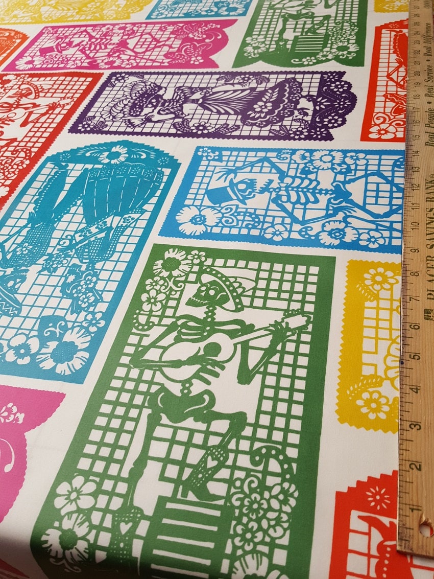 Folklorico Mi Vida en Papel White - LAMINATED Cotton Fabric - Alexander Henry