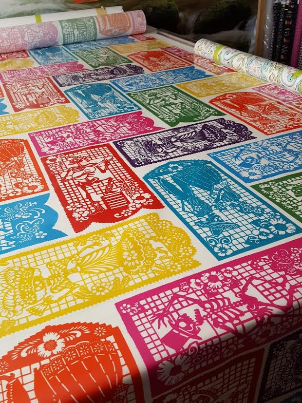 Folklorico Mi Vida en Papel White - LAMINATED Cotton Fabric - Alexander Henry