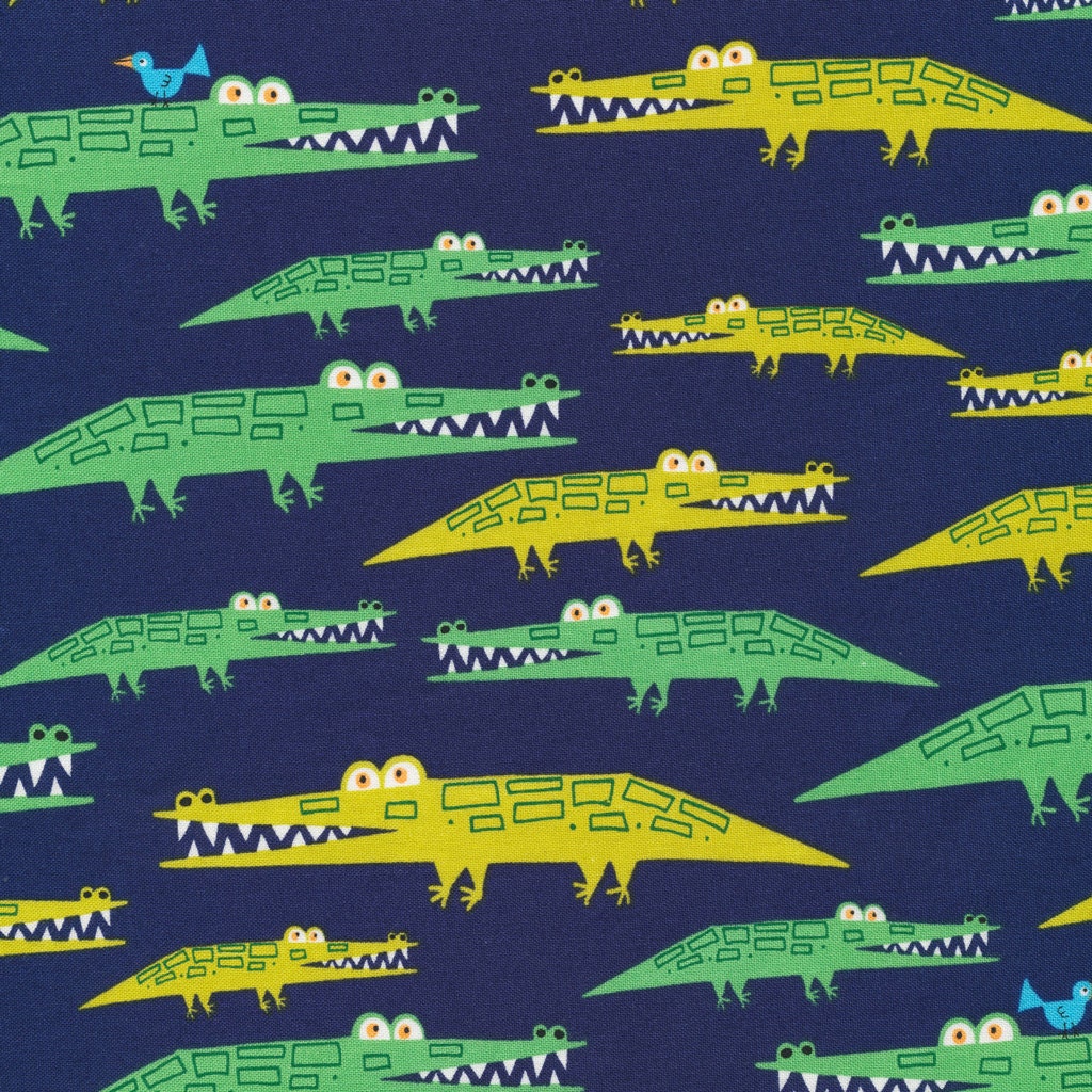 Jungle Alligators Navy - Wide Width - LAMINATED Cotton Fabric - Robert Kaufman