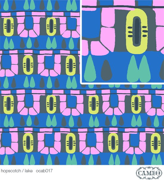 Cameo Hopscotch Blue - Wide Width - LAMINATED Cotton Fabric