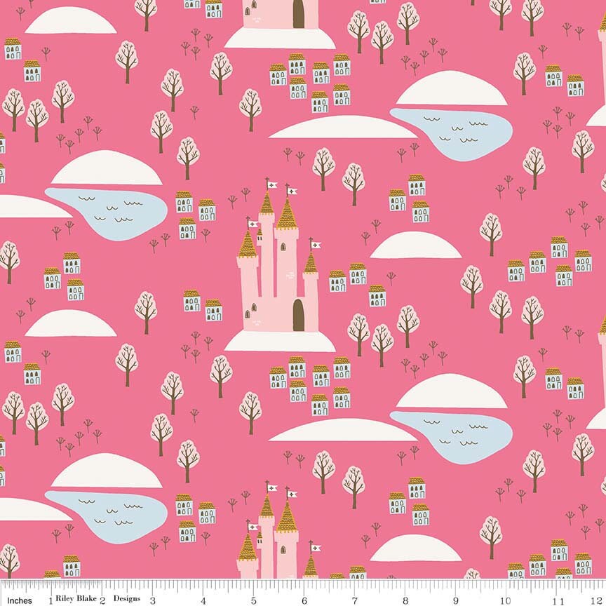 Guinevere Castle Hot Pink - LAMINATED Cotton Fabric - Riley Blake