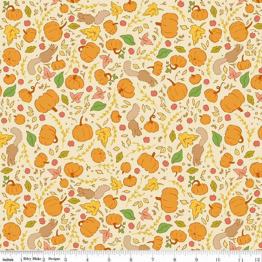 Calico Crow Pumpkins Cream - LAMINATED Cotton Fabric - Riley Blake