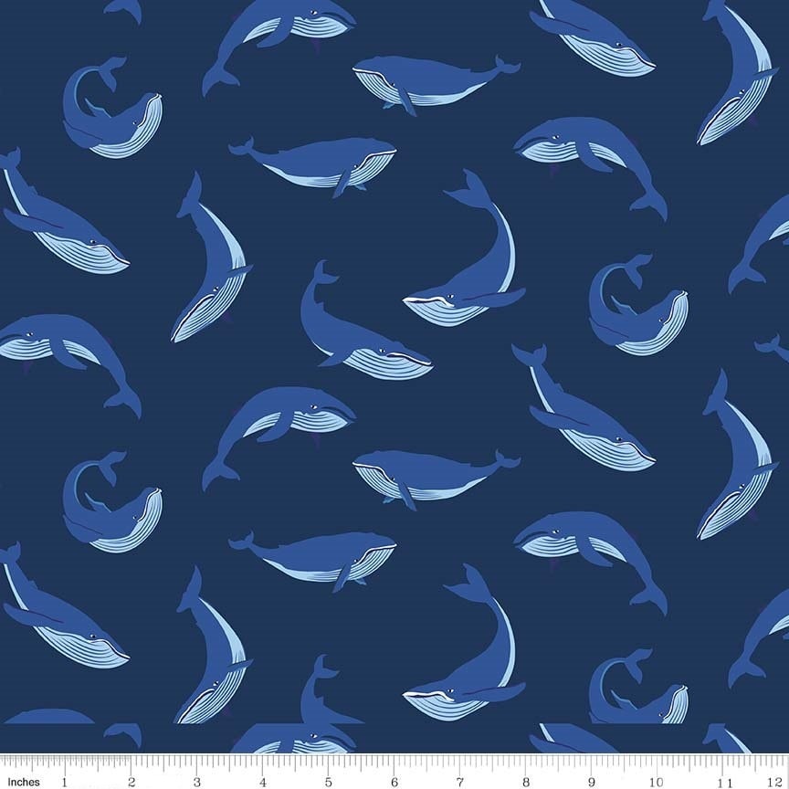 Northwest Humpbacks Navy - LAMINATED Cotton Fabric - Riley Blake