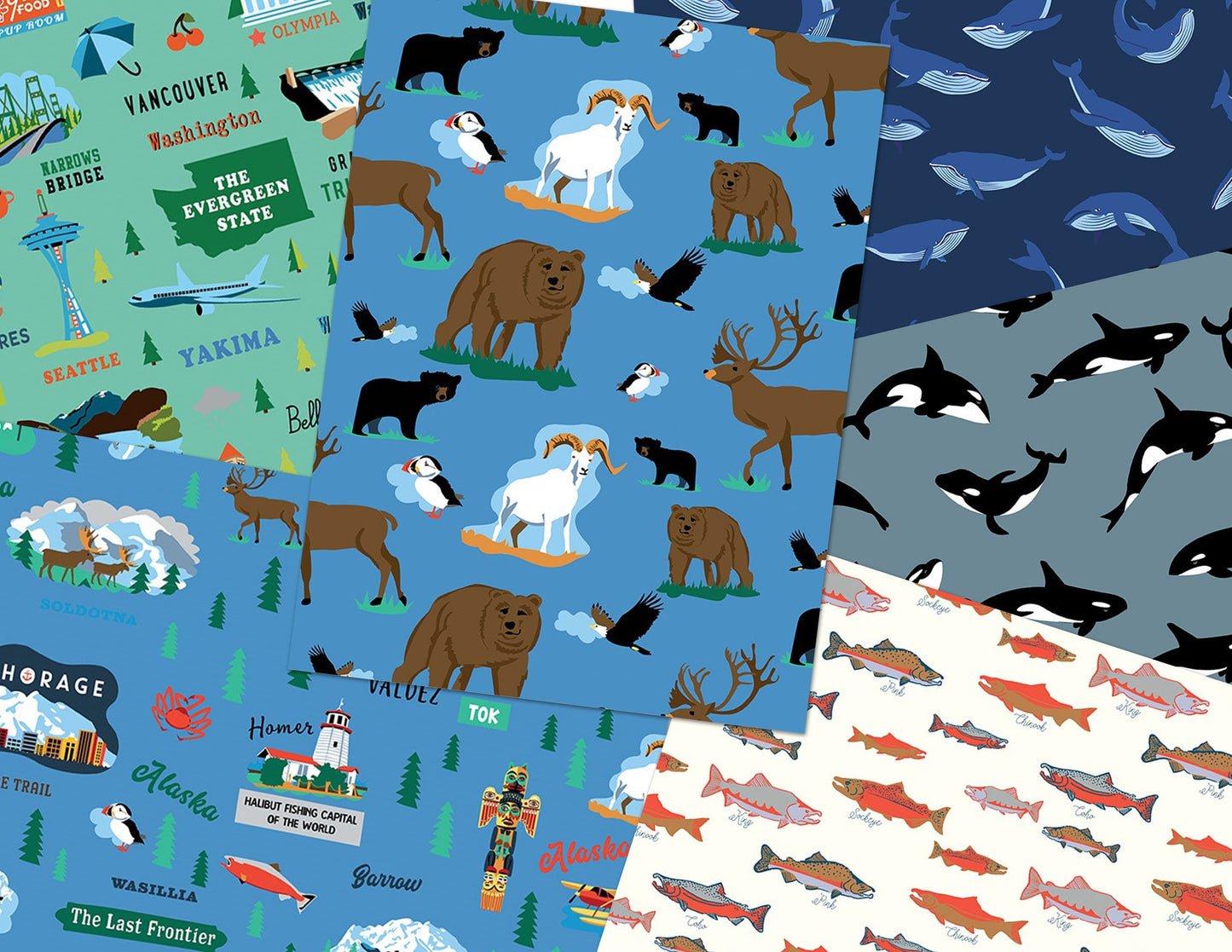 Northwest Humpbacks Navy - LAMINATED Cotton Fabric - Riley Blake