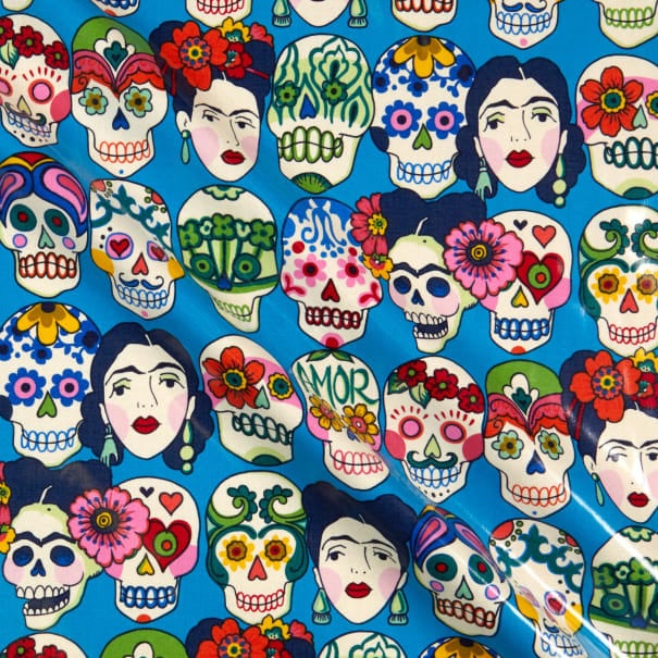 Frida Kahlo Gota blue LAMINATED Cotton Fabric - Alexander Henry
