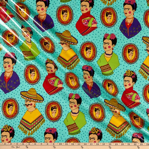 Fantastico Frida Kahlo Aqua - LAMINATED Cotton Fabric - Alexander Henry