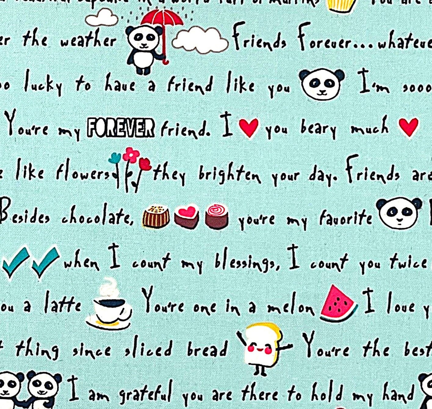 Panda Love Panda Words Aqua LAMINATED Cotton Fabric - Riley Blake