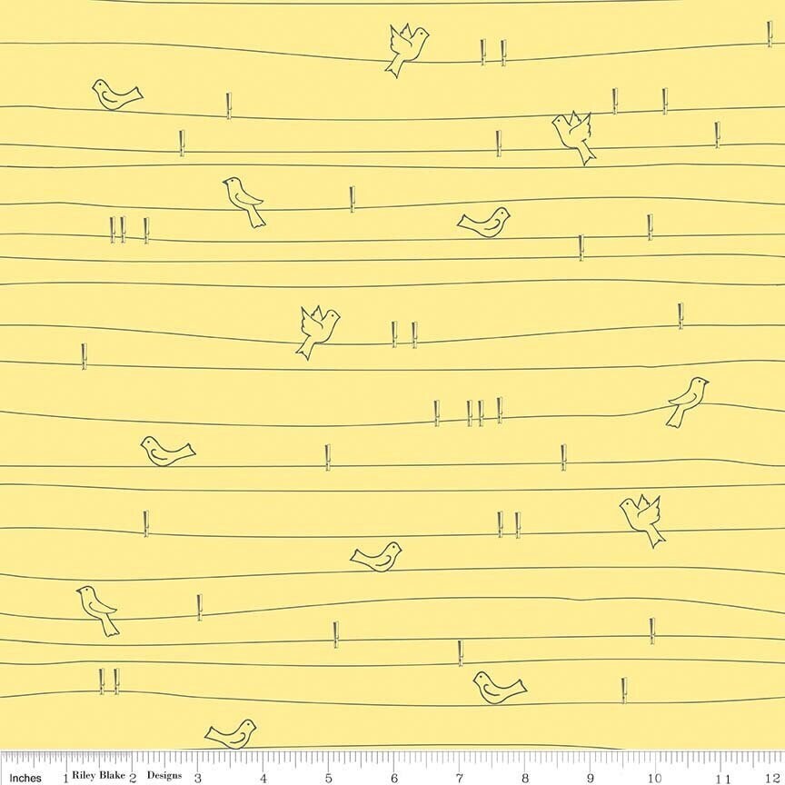 Monday, Monday Birds on a Line Yellow - LAMINATED Cotton Fabric - Riley Blake