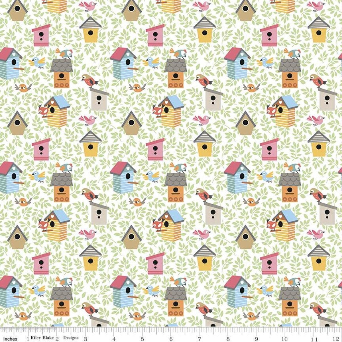 LAMINATED cotton fabric - Cat's Meow Bird Houses (sold continuous by the half yard) Food Safe Fabric, BPA free
