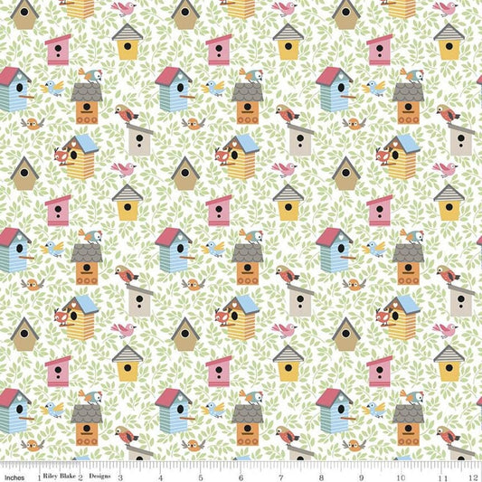 LAMINATED cotton fabric - Cat's Meow Bird Houses (sold continuous by the half yard) Food Safe Fabric, BPA free