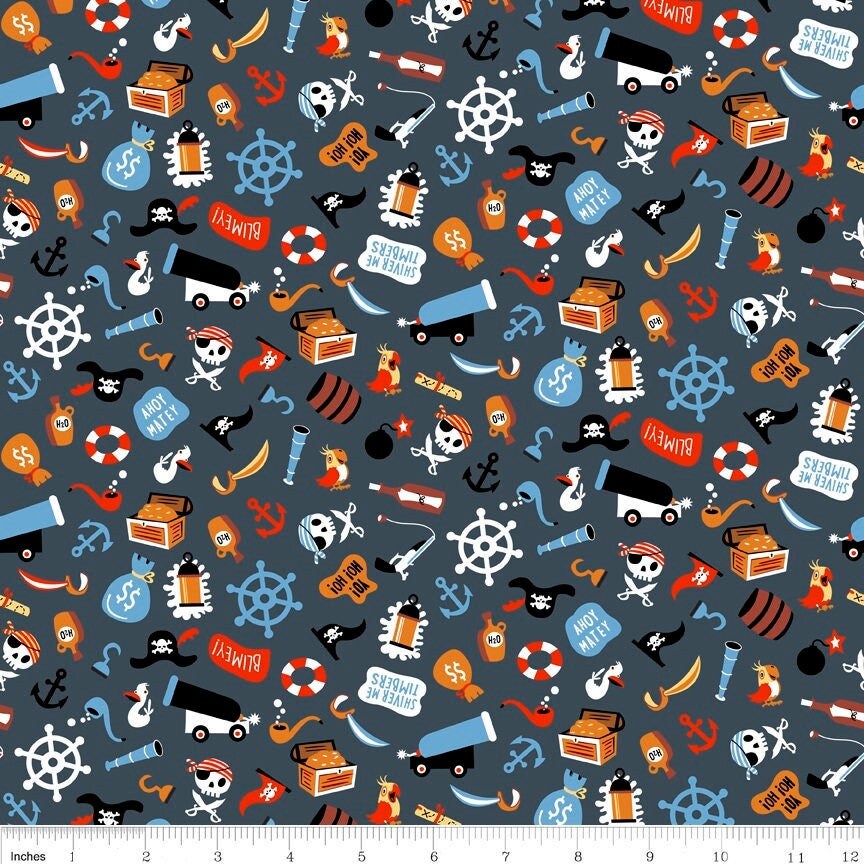 Pirate's Life Shark Attack Gray - LAMINATED Cotton Fabric - Riley Blake