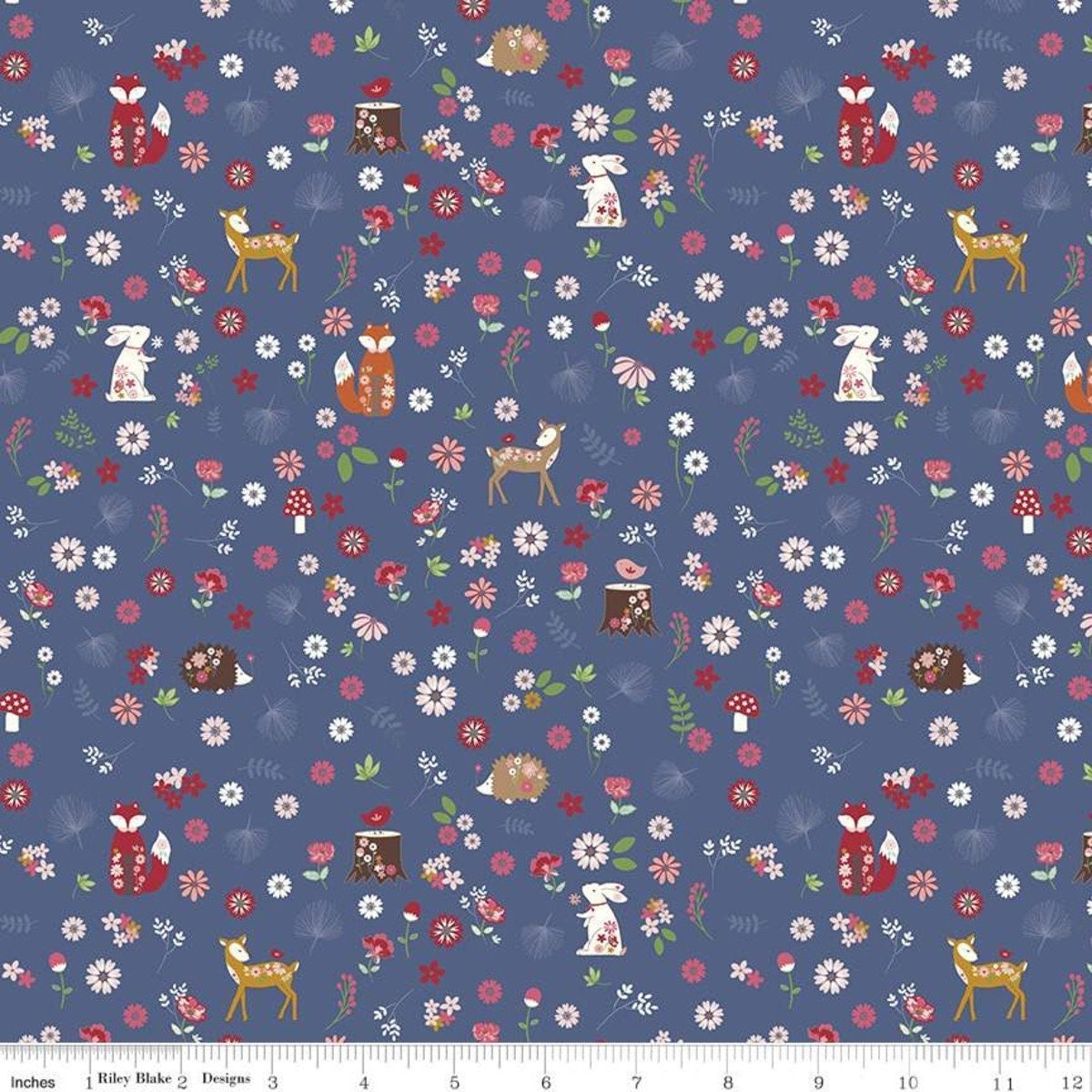 Enchanted Meadow Forest Friends Denim - LAMINATED Cotton Fabric - Riley Blake