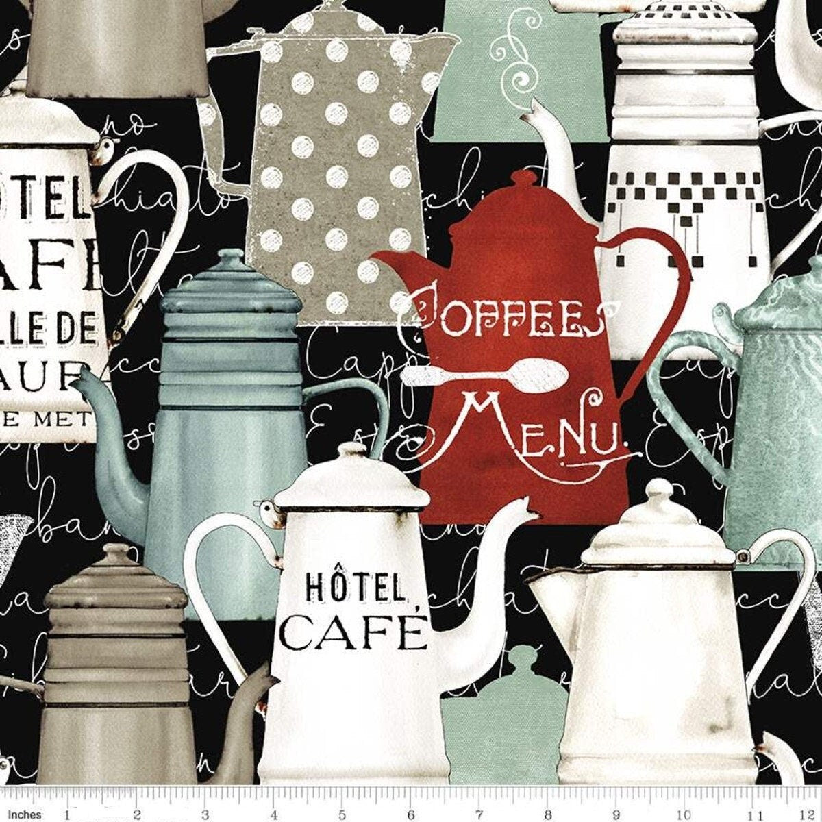 Coffee Chalk Pots Black - LAMINATED Cotton Fabric - Riley Blake