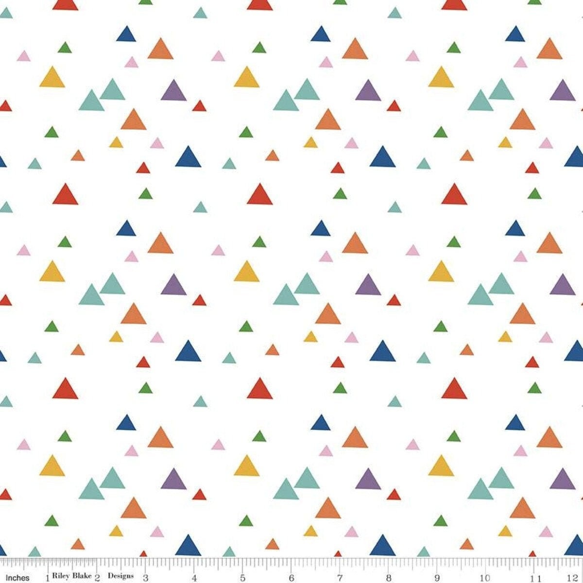 Let's Play Triangle Toss White - LAMINATED Cotton Fabric by the Half Yard - Riley Blake