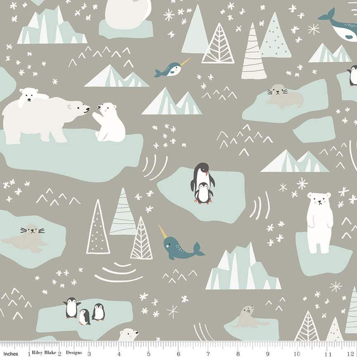 LAMINATED cotton fabric - Nice Ice Baby on gray (sold continuous by the half yard) Food Safe Fabric, BPA free