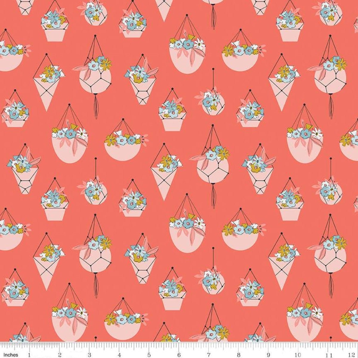 LAMINATED cotton fabric - Flower Pots Baskets Coral (sold continuous by the half yard) Food Safe Fabric, BPA free