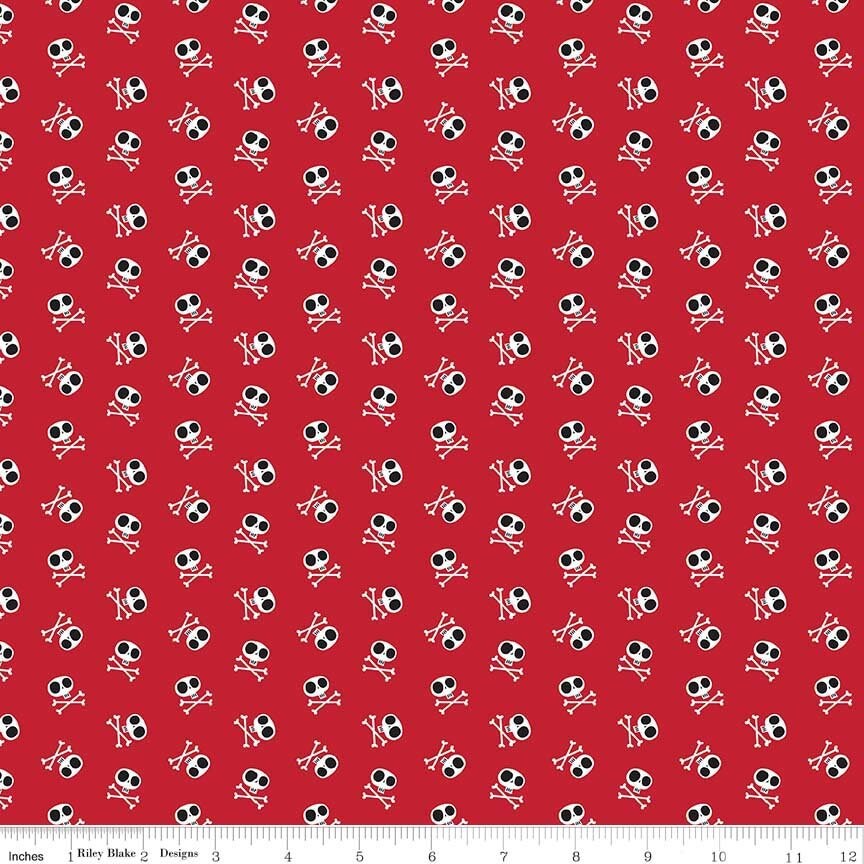 Blackbeard Crossbones Red - LAMINATED Cotton Fabric - Riley Blake