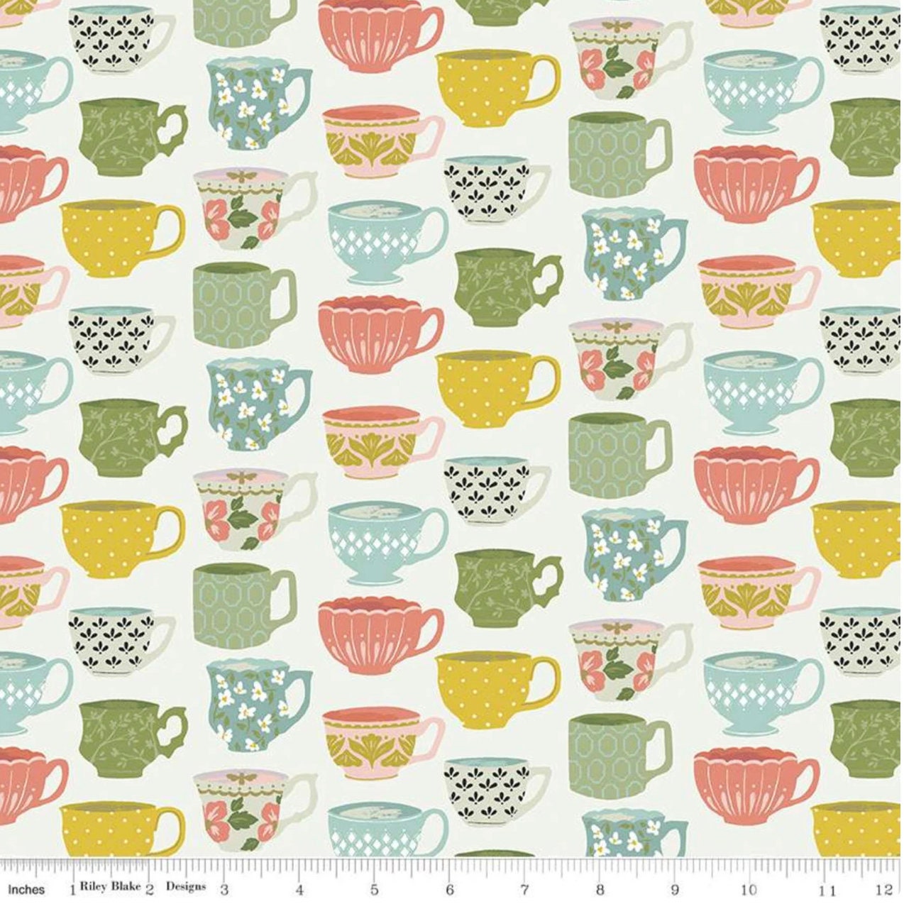Tea with Bea Tea Time Off White - LAMINATED Cotton Fabric - Riley Blake