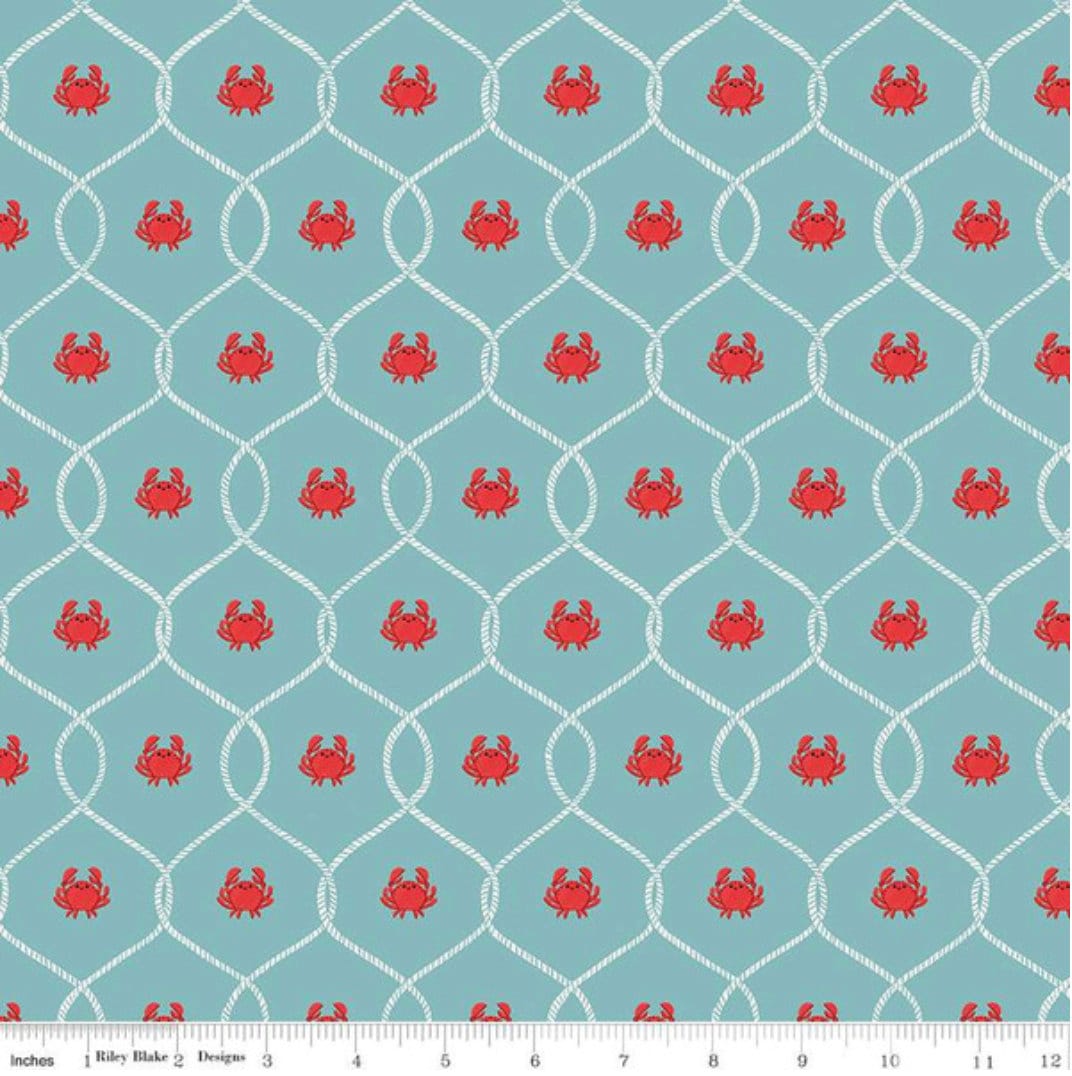 Lost at Sea Happy Crabs Seafoam - LAMINATED Cotton Fabric - Riley Blake
