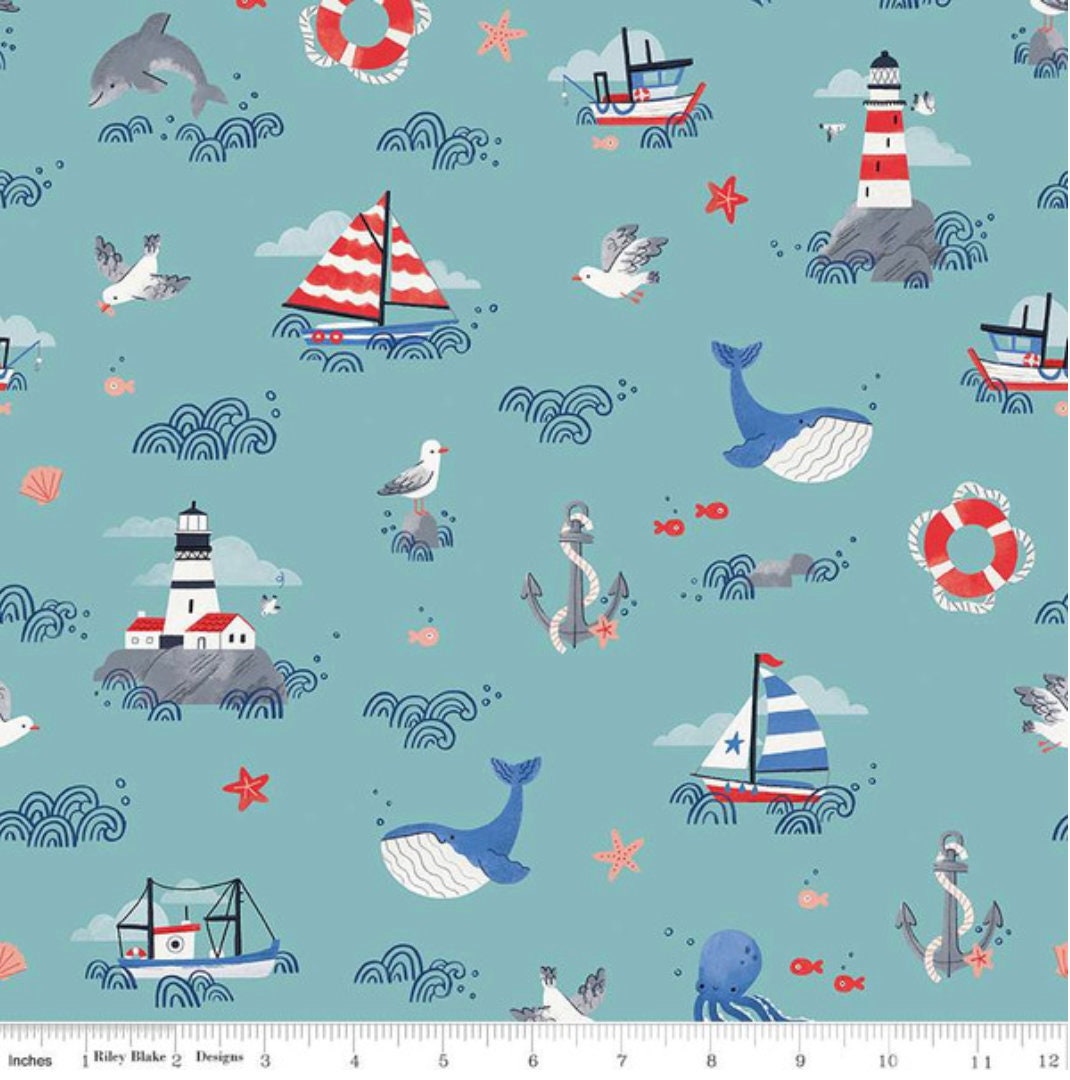 Lost at Sea Main Seafoam - LAMINATED Cotton Fabric - Riley Blake