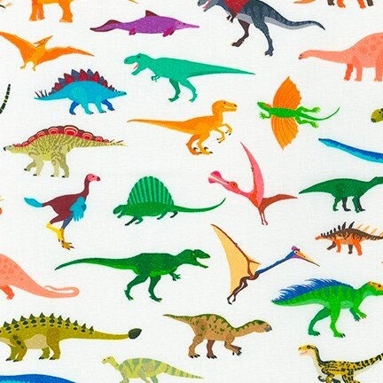 Alphabetosaurus Dinosaurs White - Wide Width - LAMINATED Cotton Fabric - Robert Kaufman