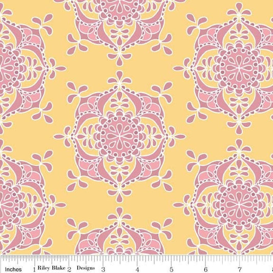 Priscilla Medallion Yellow - LAMINATED Cotton Fabric - Riley Blake