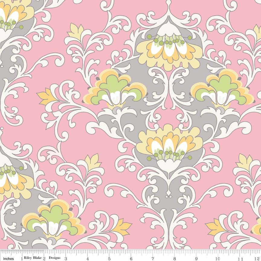 Damask Pink - LAMINATED Cotton Fabric - Riley Blake