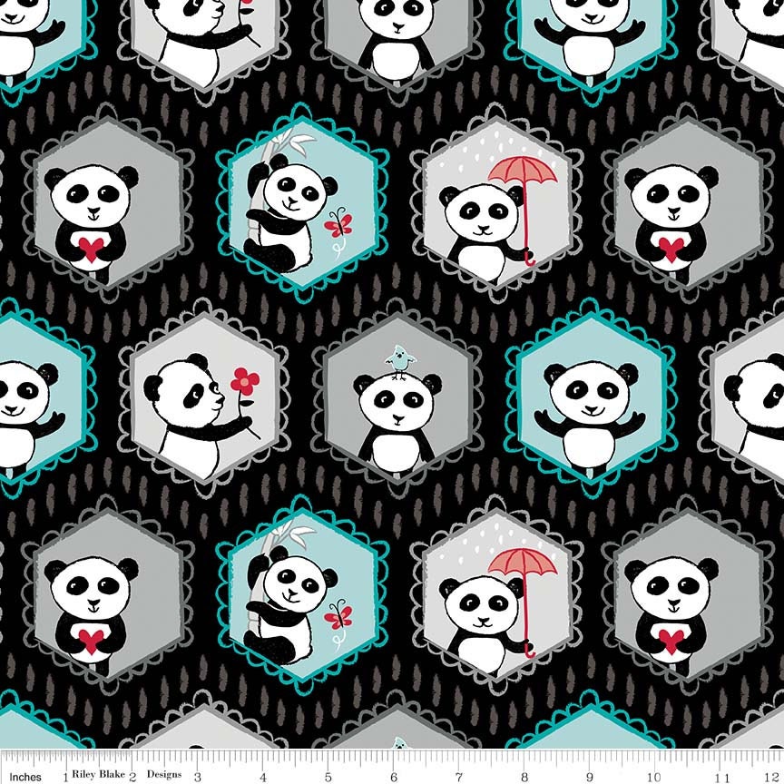 Panda Love Main Black - LAMINATED Cotton Fabric - Riley Blake