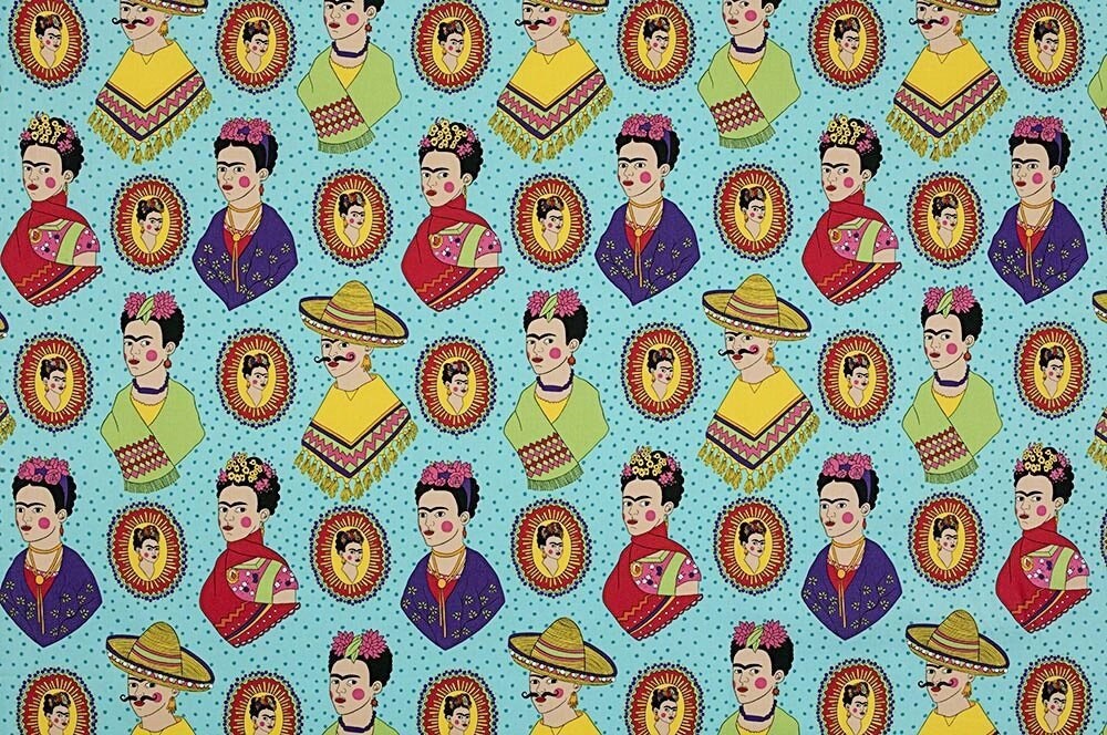 Fantastico Frida Kahlo Aqua - LAMINATED Cotton Fabric - Alexander Henry