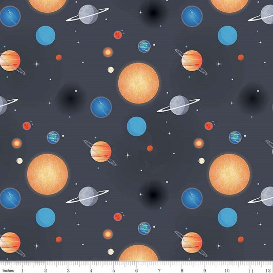 Planets Charcoal - LAMINATED Cotton Fabric - Riley Blake