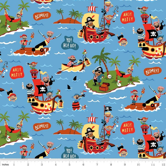 Pirate's Life Main Blue - LAMINATED Cotton Fabric - Riley Blake