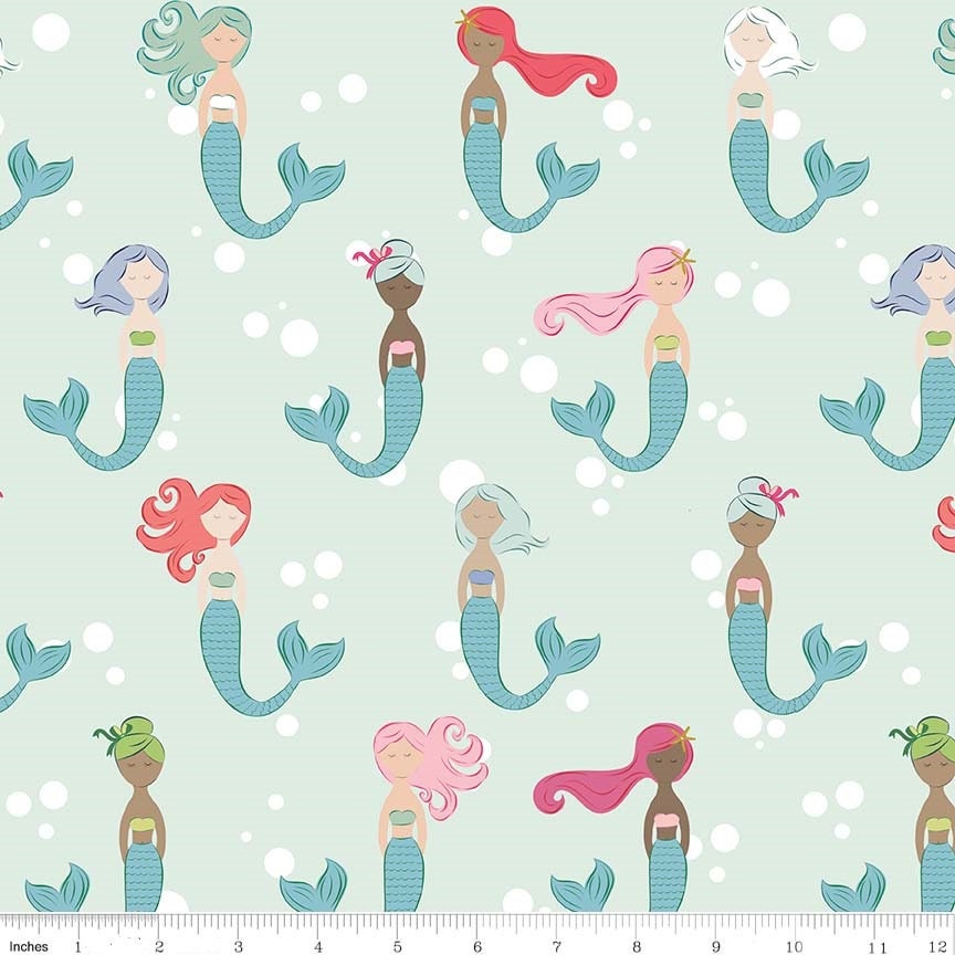 Let's be Mermaids Main Mint - LAMINATED Cotton Fabric - Riley Blake