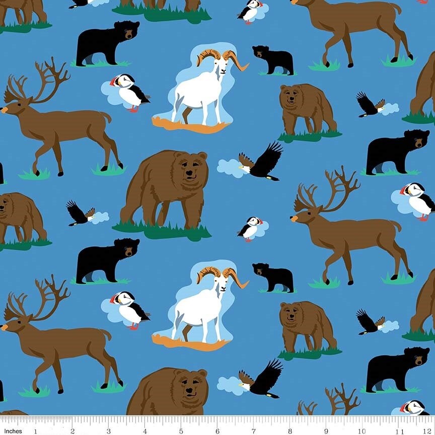 Northwest Wildlife Blue - LAMINATED Cotton Fabric - Riley Blake