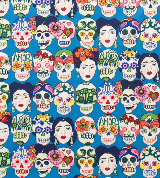Frida Kahlo Gota blue LAMINATED Cotton Fabric - Alexander Henry