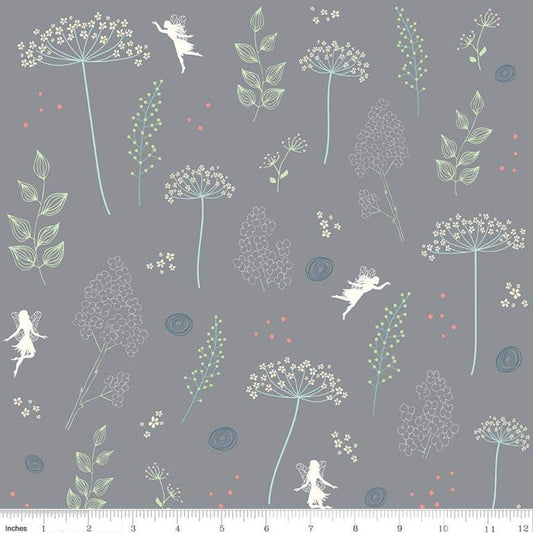 Fairy Edith Wildflowers Gray - LAMINATED Cotton Fabric - Riley Blake