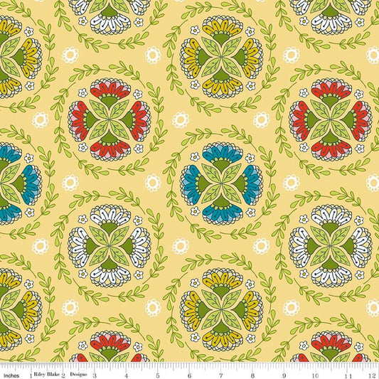 Dutch Treat Dutch Wreath Yellow - LAMINATED Cotton Fabric - Riley Blake