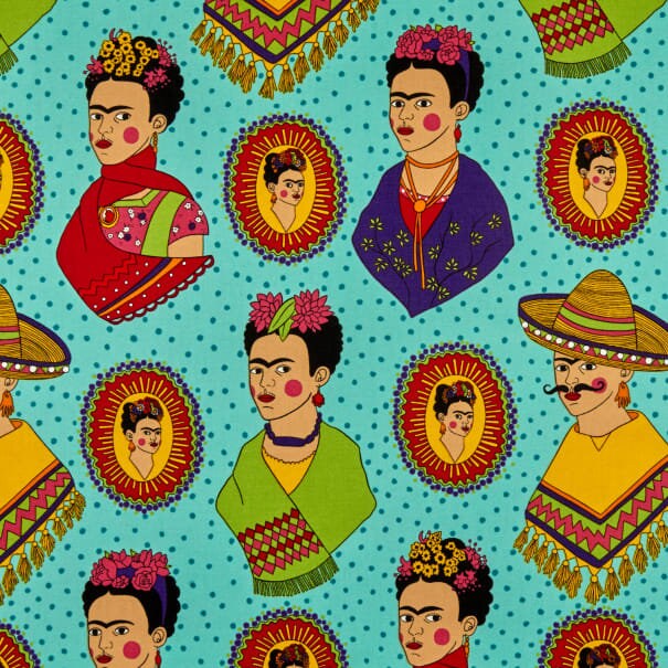Fantastico Frida Kahlo Aqua - LAMINATED Cotton Fabric - Alexander Henry