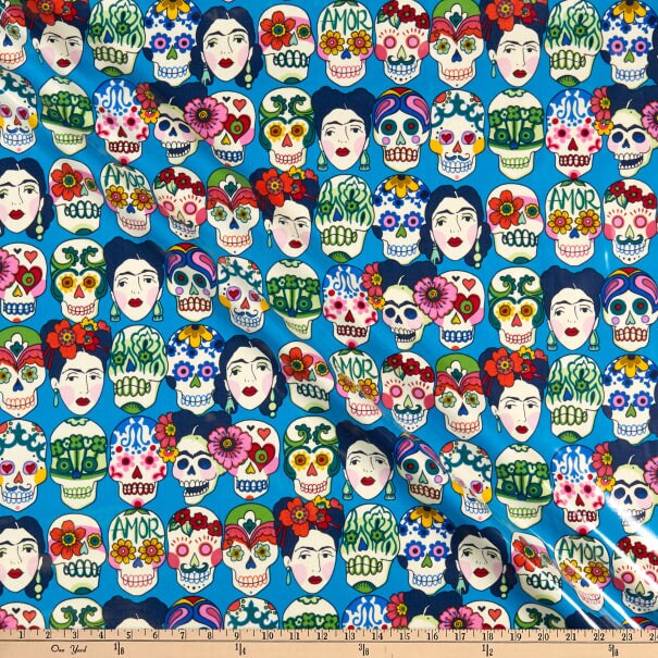 Frida Kahlo Gota blue LAMINATED Cotton Fabric - Alexander Henry
