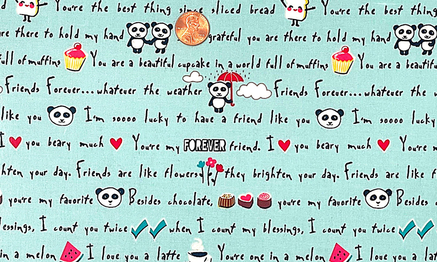 Panda Love Panda Words Aqua LAMINATED Cotton Fabric - Riley Blake