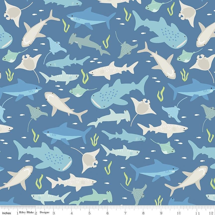 Riptide Sharks Denim - LAMINATED Cotton Fabric - Riley Blake