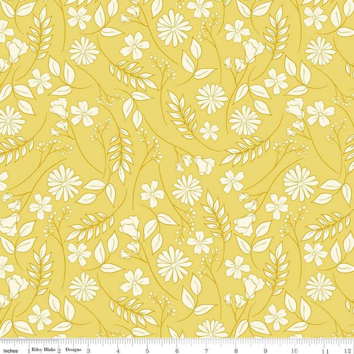 Reflections Flower Garden Lemon Yellow - LAMINATED Cotton Fabric - Riley Blake