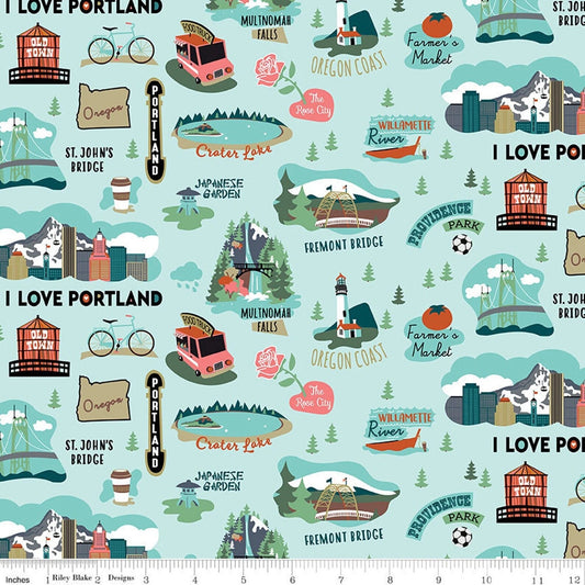 I Love Oregon Aqua - LAMINATED Cotton Fabric - Riley Blake