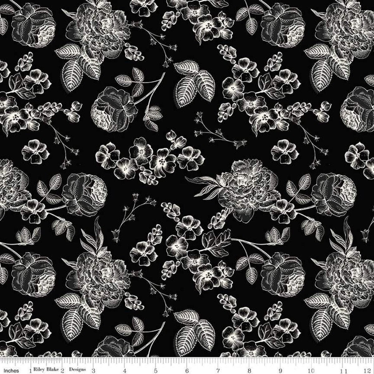 Fleur Noire Main Black - LAMINATED Cotton Fabric - Riley Blake