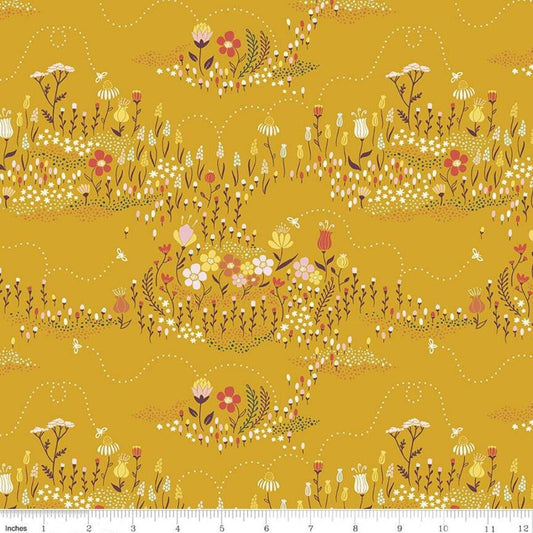 Harmony Buzzing Meadow Honey - LAMINATED Cotton Fabric - Riley Blake