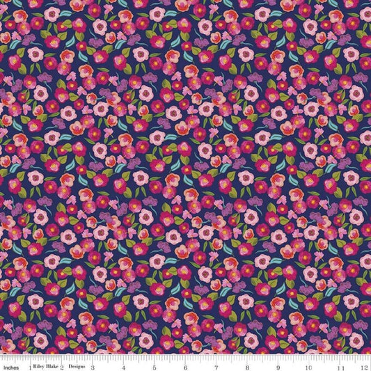 Blissful Blooms Navy - LAMINATED Cotton Fabric - Riley Blake