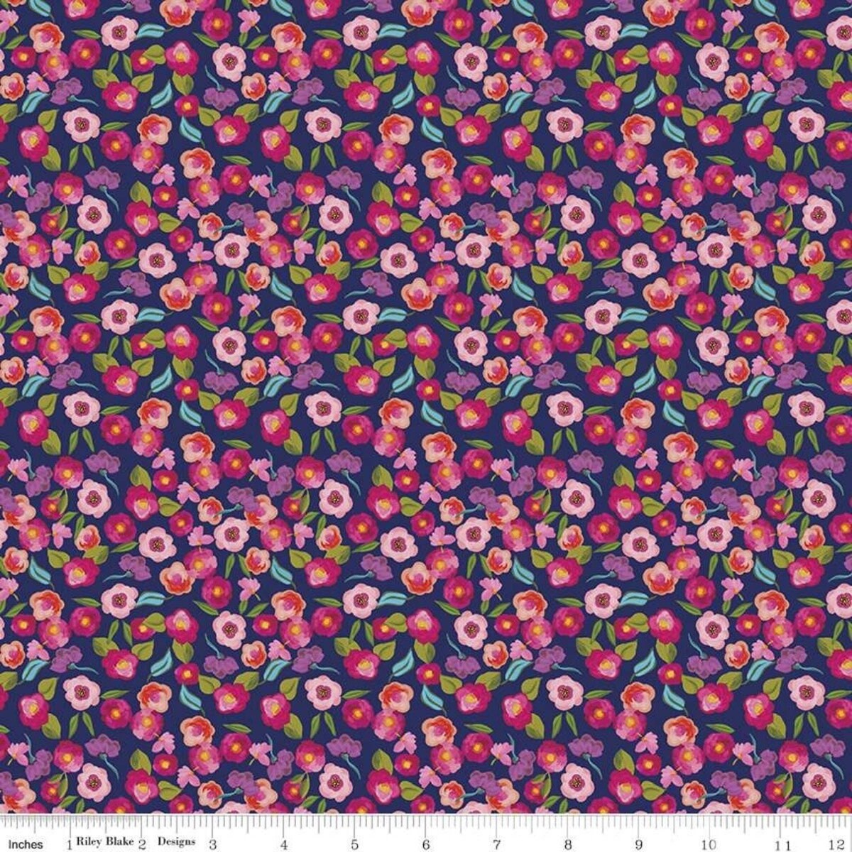 Blissful Blooms Navy - LAMINATED Cotton Fabric - Riley Blake