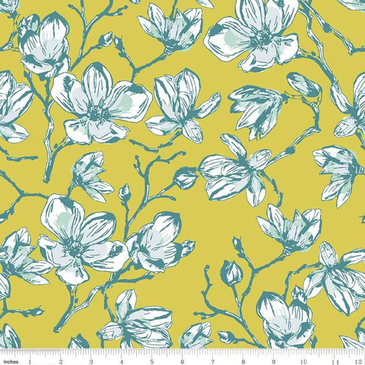 Garden Party Magnolias Citrus - LAMINATED Cotton Fabric - Riley Blake