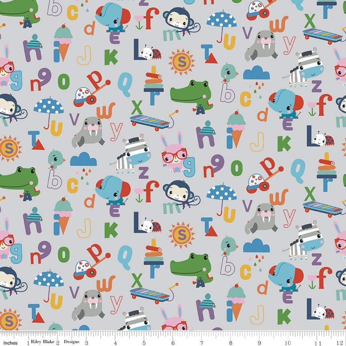 LAMINATED cotton fabric - Let&#39;s Play Alphabet on gray (sold continuous by the half yard) Food Safe Fabric, BPA free LICENSED by Fisher Price