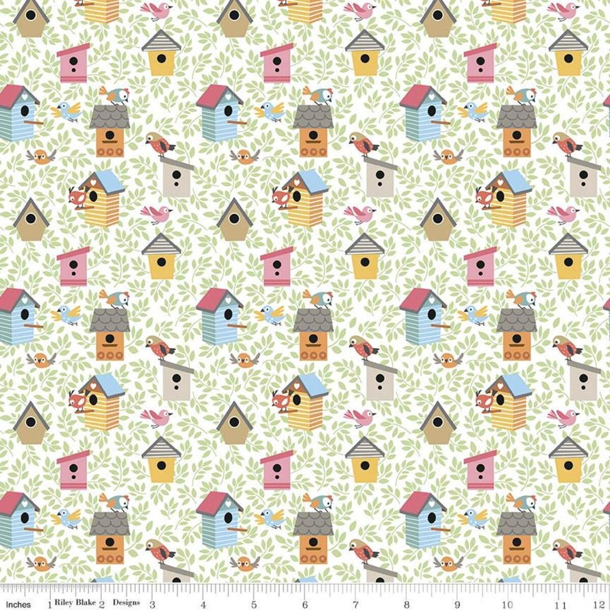 LAMINATED cotton fabric - Cat&#39;s Meow Bird Houses (sold continuous by the half yard) Food Safe Fabric, BPA free