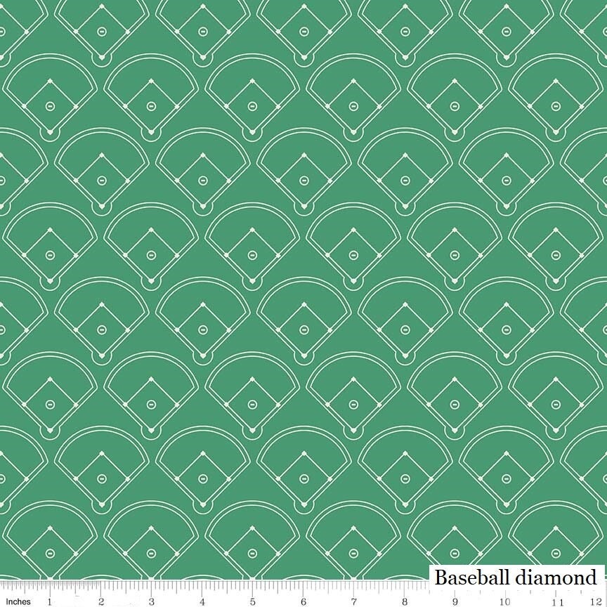 18 x 40 LAMINATED cotton fabric - Baseball Softball diamond on Green, Food Safe Fabric, BPA free